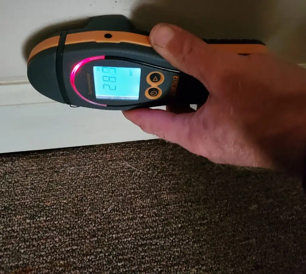 Moisture detection at baseboard during Storm Damage Restoration in Elon
